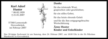 Traueranzeige von Karl Adorf Huster von Tageszeitung