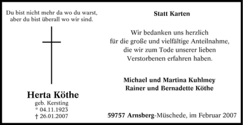  Traueranzeige für Herta Köthe vom 21.02.2007 aus Tageszeitung
