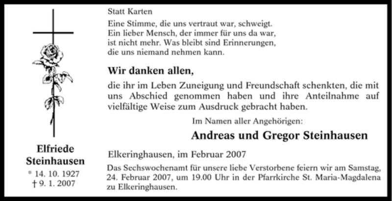 Traueranzeige für Elfriede Steinhausen vom 21.02.2007 aus Tageszeitung
