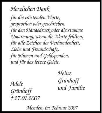 Traueranzeige von Adele Grünhoff von Tageszeitung
