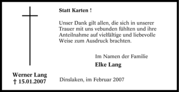 Traueranzeige von Werner Lang von Tageszeitung