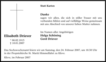 Traueranzeige von Elisabeth Driever von Tageszeitung