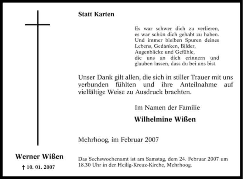  Traueranzeige für Werner Wißen vom 21.02.2007 aus Tageszeitung