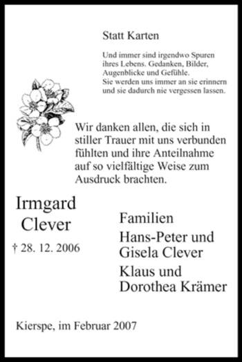 Traueranzeige von Irmgard Clever von Tageszeitung