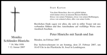 Traueranzeige von Monika Schlünder-Hinrichs von Tageszeitung