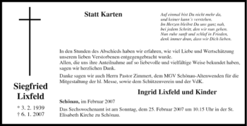 Traueranzeige von Siegfried Lixfeld von Tageszeitung