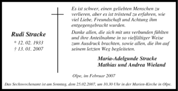 Traueranzeige von Rudi Stracke von Tageszeitung