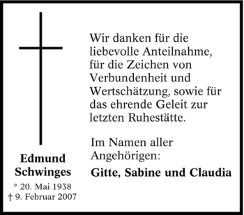 Traueranzeige von Edmund Schwinges von Tageszeitung