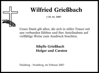 Traueranzeige von Wilfried Grießbach von Tageszeitung
