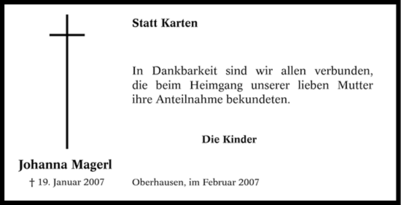  Traueranzeige für Johanna Magerl vom 23.02.2007 aus Tageszeitung