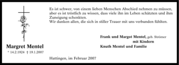 Traueranzeige von Margret Mentel von Tageszeitung