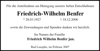 Traueranzeige von Friedrich-Wilhelm Benfer von Tageszeitung