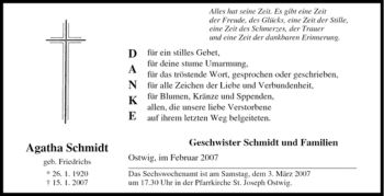 Traueranzeige von Agatha Schmidt von Tageszeitung