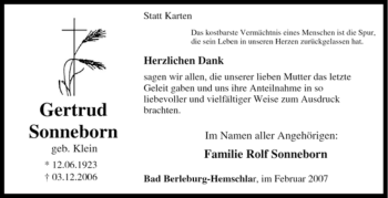 Traueranzeige von Gertrud Sonneborn von Tageszeitung