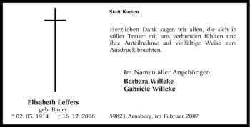Traueranzeige von Elisabeth Leffers von Tageszeitung