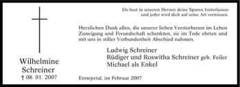 Traueranzeige von Wilhelmine Schreiner von Tageszeitung