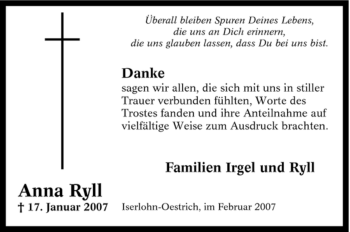 Traueranzeige von Anna Ryll von Tageszeitung