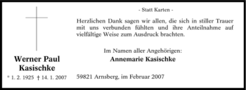 Traueranzeige von Werner Paul Kasischke von Tageszeitung