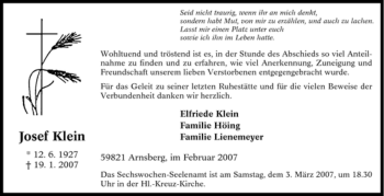 Traueranzeige von Josef Klein von Tageszeitung