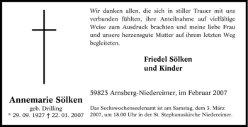 Traueranzeige von Annemarie Sölken von Tageszeitung