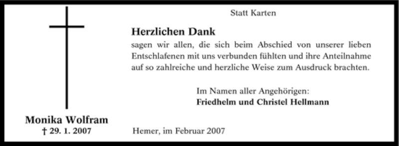  Traueranzeige für Monika Wolfram vom 24.02.2007 aus Tageszeitung