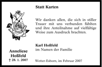 Traueranzeige von Anneliese Hoßfeld von Tageszeitung