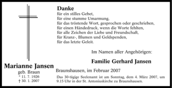 Traueranzeige von Marianne Jansen von Tageszeitung