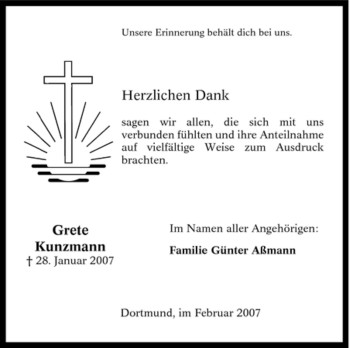 Traueranzeige von Grete Kunzmann von Tageszeitung