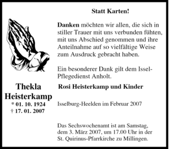 Traueranzeige von Thekla Heisterkamp von Tageszeitung