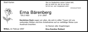 Traueranzeige von Erna Bärenberg von Tageszeitung
