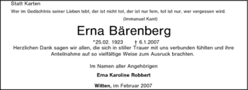 Traueranzeige von Erna Bärenberg von Tageszeitung