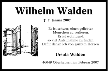 Traueranzeige von Wilhelm Walden von Tageszeitung
