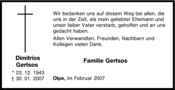 Traueranzeige von Dimitrios Gertsos von Tageszeitung
