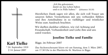 Traueranzeige von Karl Tielke von Tageszeitung