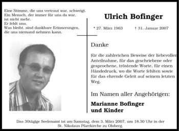 Traueranzeige von Ulrich Bofinger von Tageszeitung