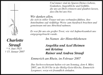 Traueranzeige von Charlotte Strauß von Tageszeitung