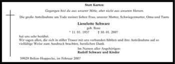 Traueranzeige von Lieselotte Schwarz von Tageszeitung