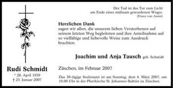 Traueranzeige von Rudi Schmidt von Tageszeitung