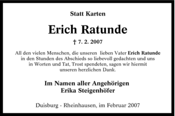 Traueranzeige von Erich Ratunde von Tageszeitung
