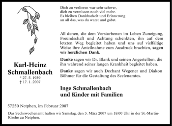 Traueranzeige von Karl-Heinz Schmallenbach von Tageszeitung