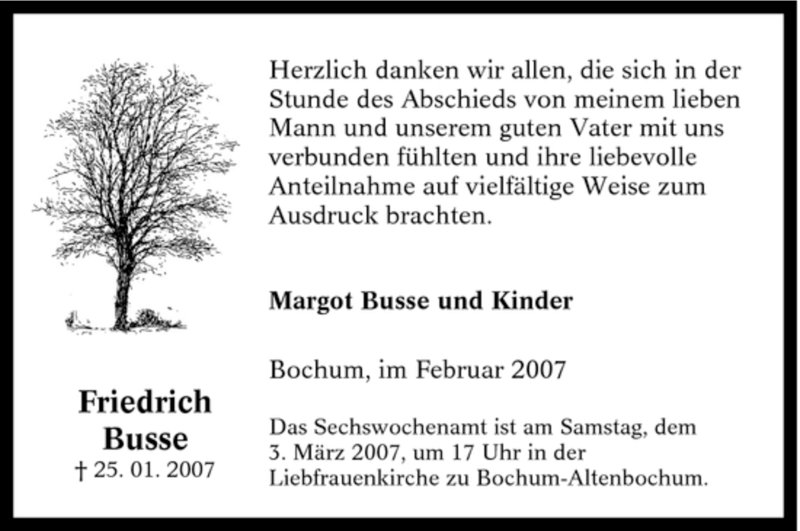  Traueranzeige für Friedrich Busse vom 24.02.2007 aus Tageszeitung