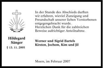 Traueranzeige von Hildegard Sänger von Tageszeitung