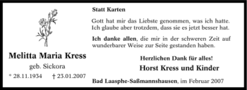 Traueranzeige von Melitta Maria Kress von Tageszeitung