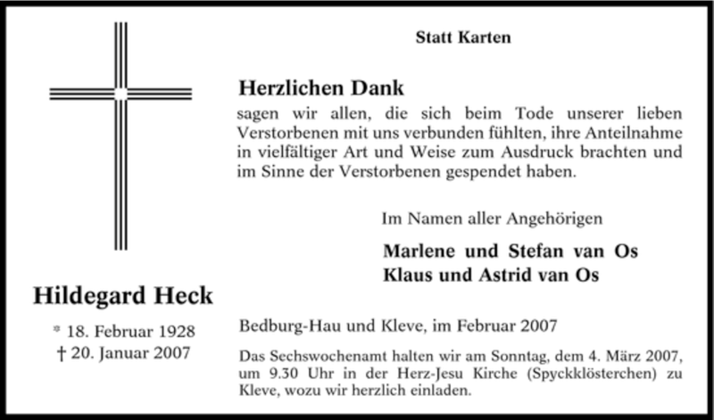  Traueranzeige für Hildegard Heck vom 24.02.2007 aus Tageszeitung