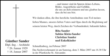 Traueranzeige von Günther Sander von Tageszeitung