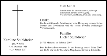 Traueranzeige von Karoline Stuhldreier von Tageszeitung