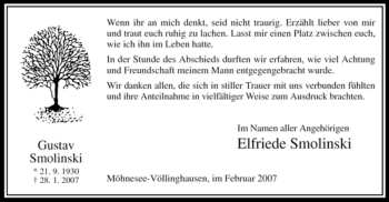 Traueranzeige von Gustav Smolinski von Tageszeitung
