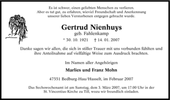 Traueranzeige von Gertrud Nienhuys von Tageszeitung