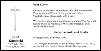 Traueranzeige von Josef Kaminski von Tageszeitung