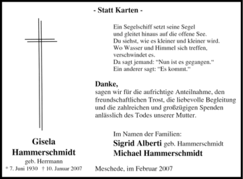 Traueranzeige von Gisela Hammerschmidt von Tageszeitung
